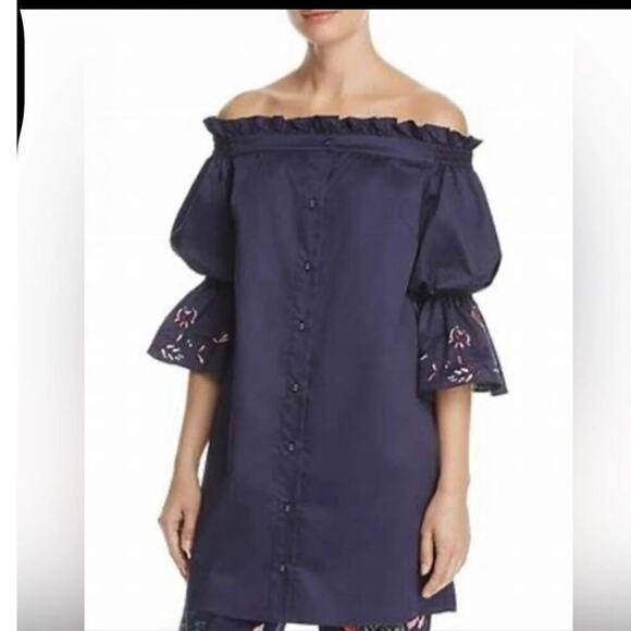 NWT Parker off the shoulder floral Embroidery Navy Blue Large mini dress - Picture 12 of 13